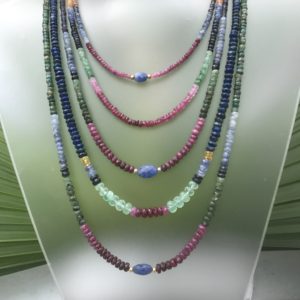 Sapphire, ruby and emerald faceted bead necklaces by Pat Pearlman