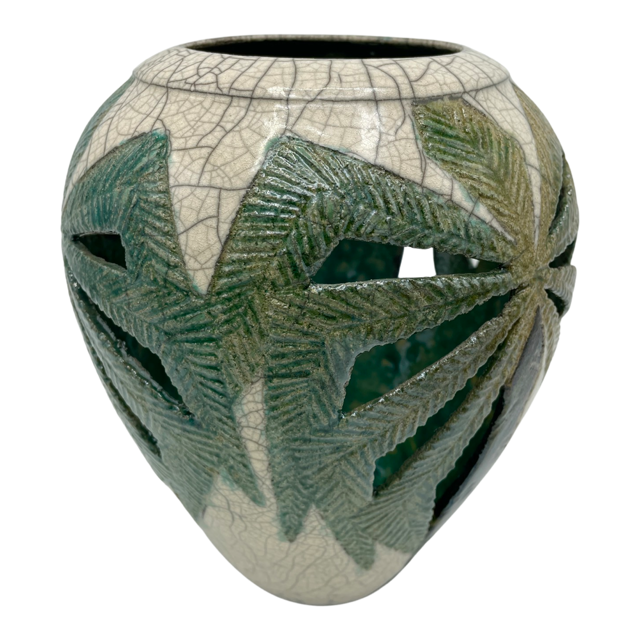 Raku Vase, Palm Tree Design by Birgitta Frazier – Volcano Art Center