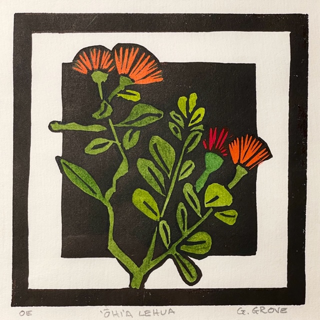 Ōhi'a Lehua, Original Hand-Colored Linoleum Block Print by Gretchen Grove –  Volcano Art Center