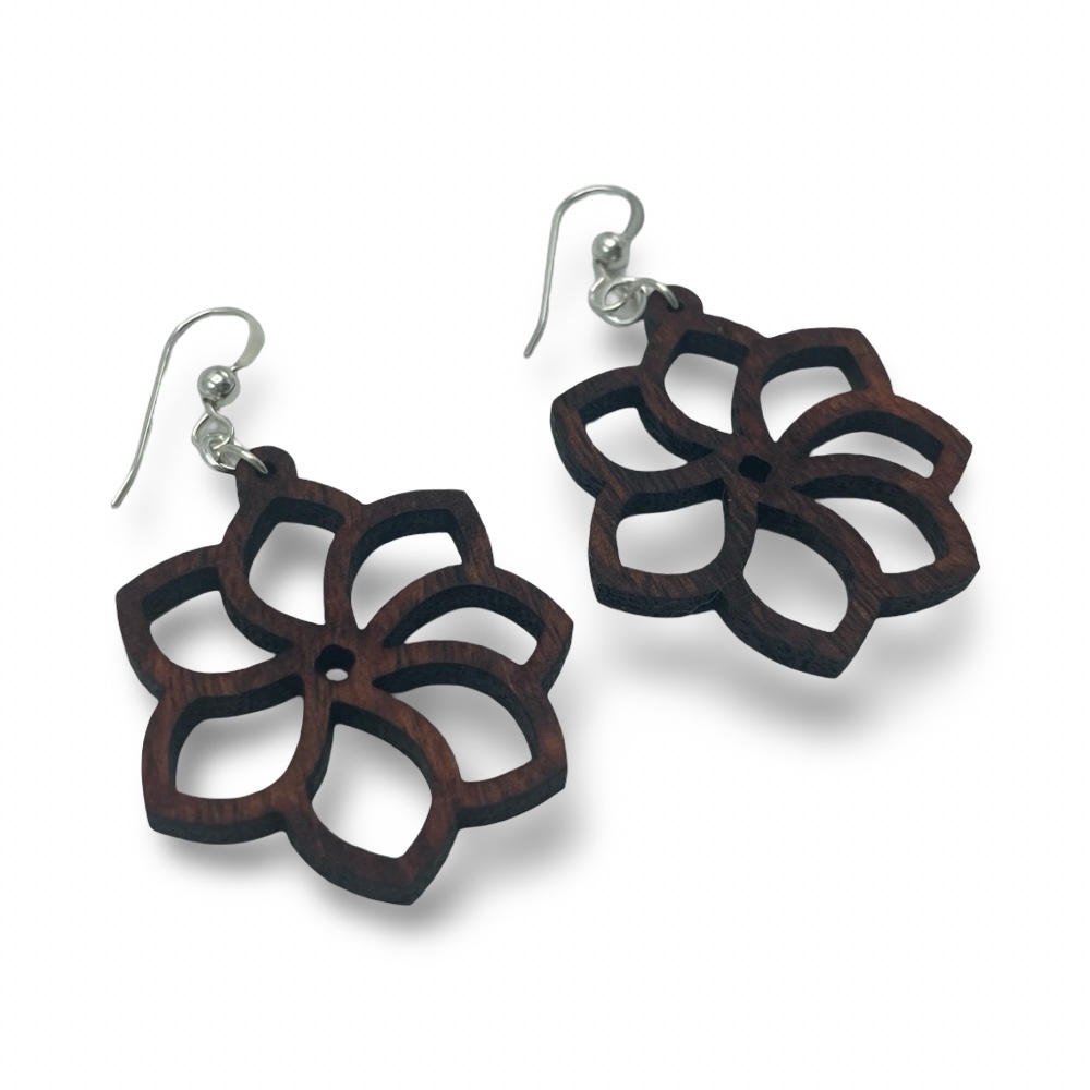 Nā'ū (Gardenia) Flower, Koa Wood Earrings by Erin Datlof